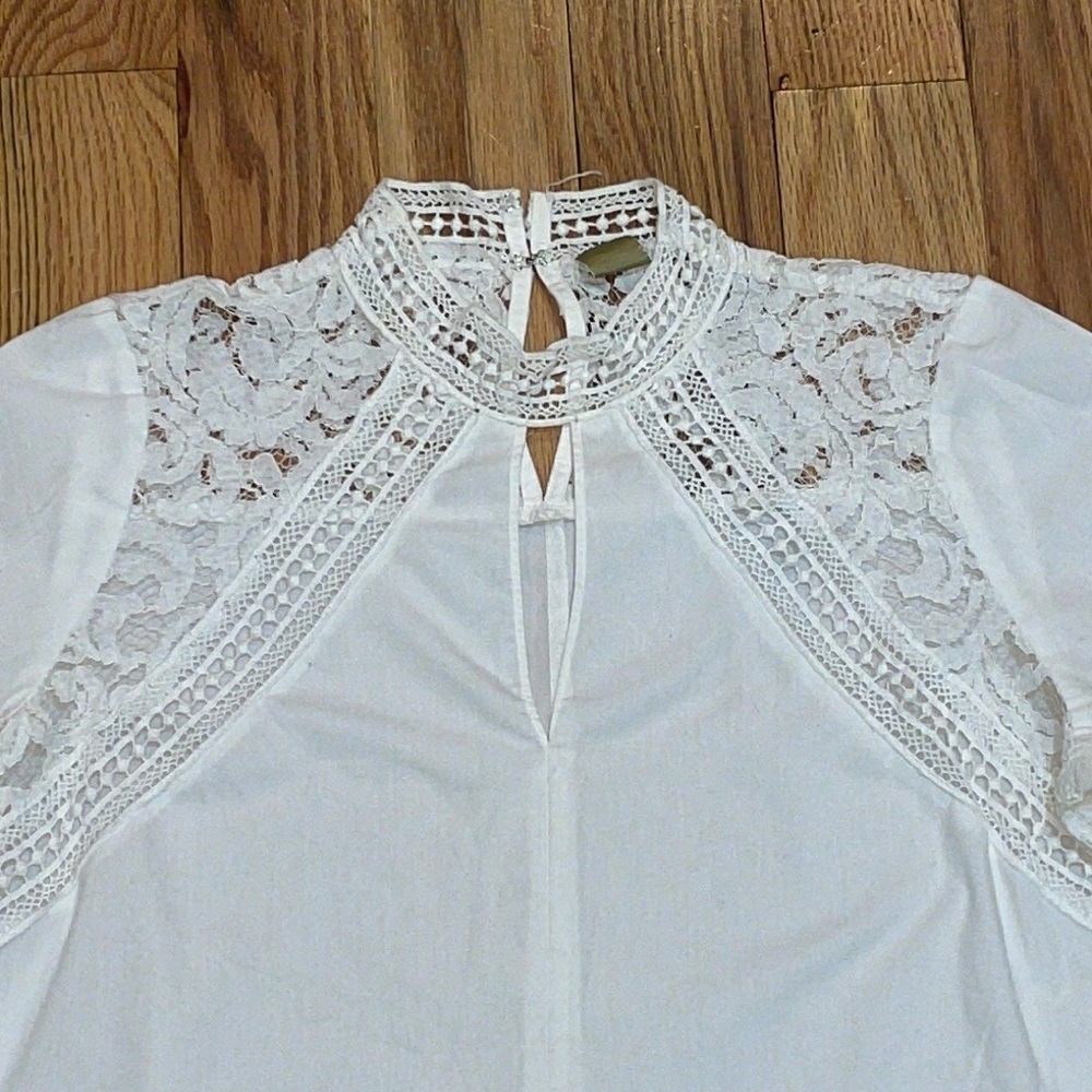 Worthington Chocker 3/4 Sleeve White lace cotton Mock Neck Shirt Petite M PM - Picture 10 of 17